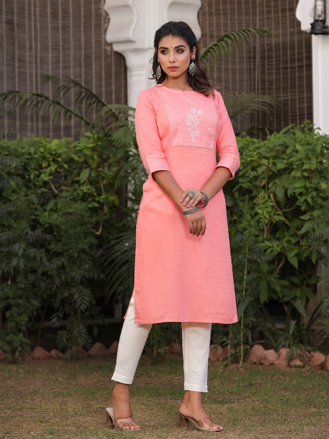 Pink & Off-White Self Design Kurta with Trousers