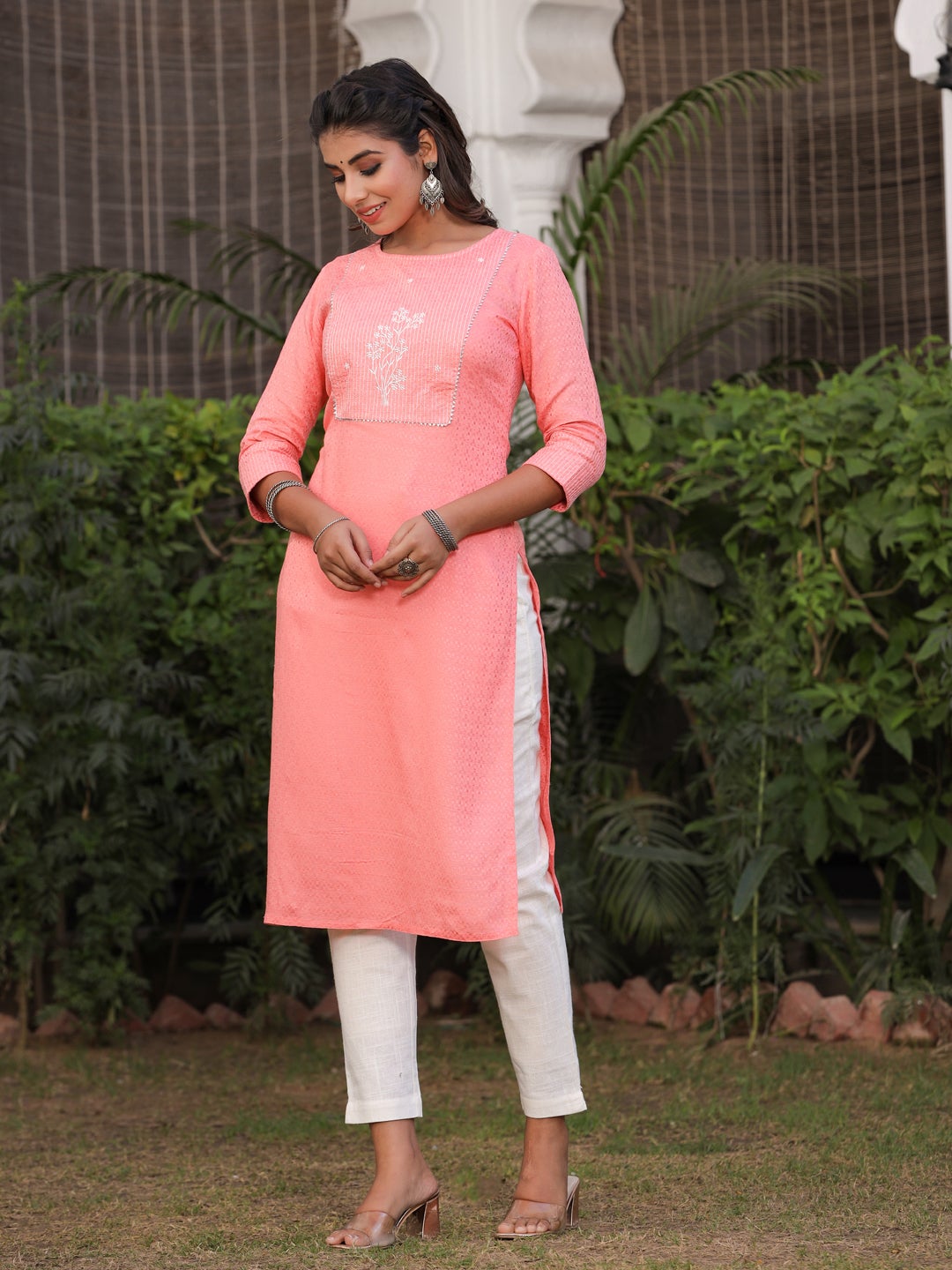 Pink & Off-White Self Design Kurta with Trousers
