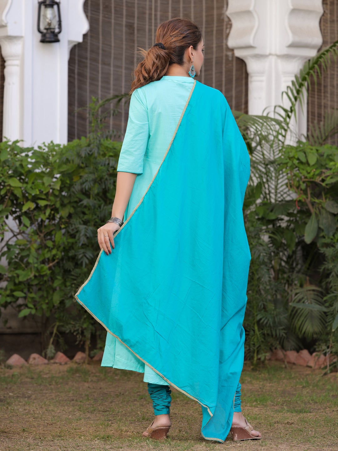 Aqua Solid Anarkali Kurta Cotton With Churidar salwar and Dupatta