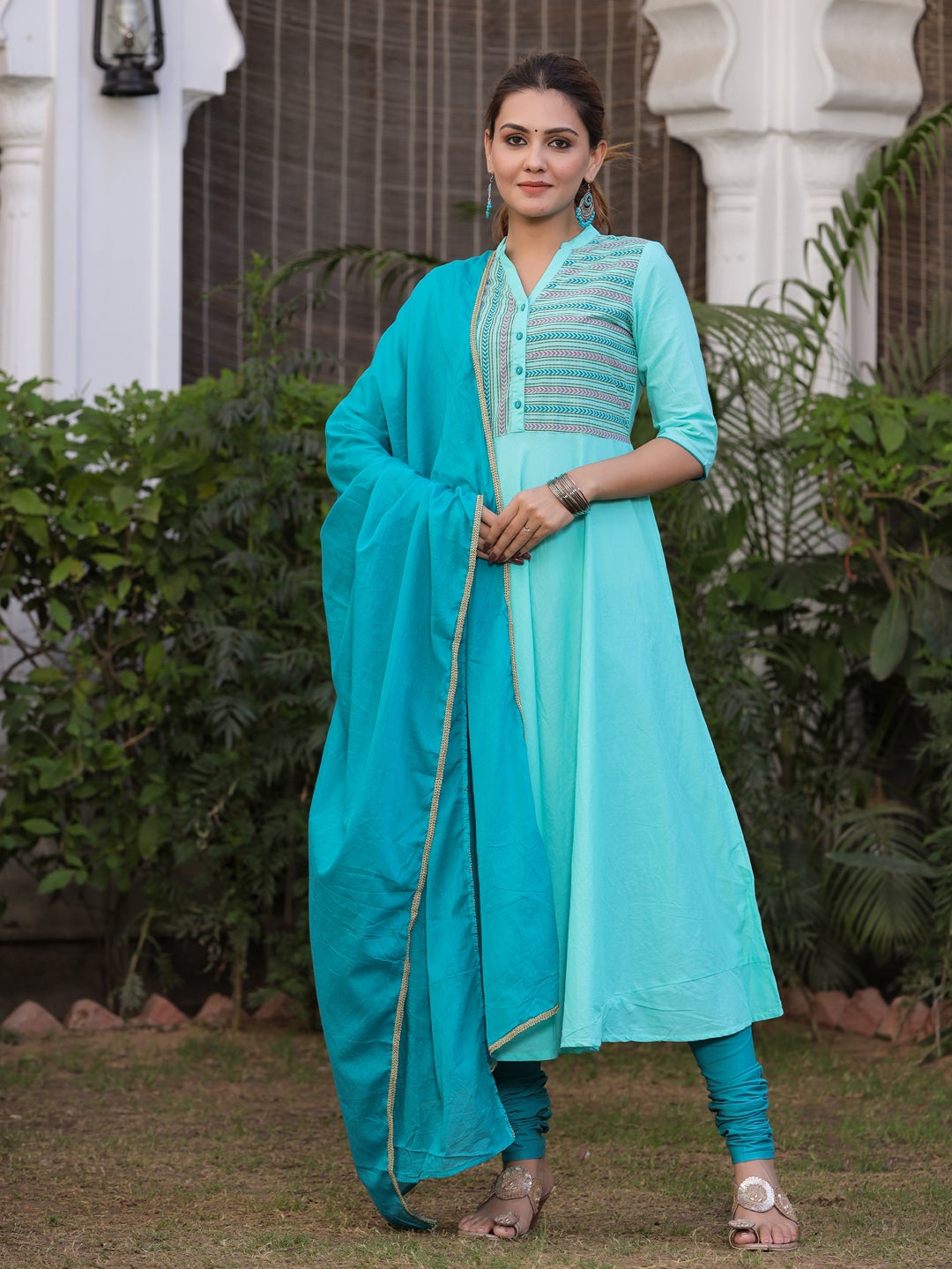 Aqua Solid Anarkali Kurta Cotton With Churidar salwar and Dupatta