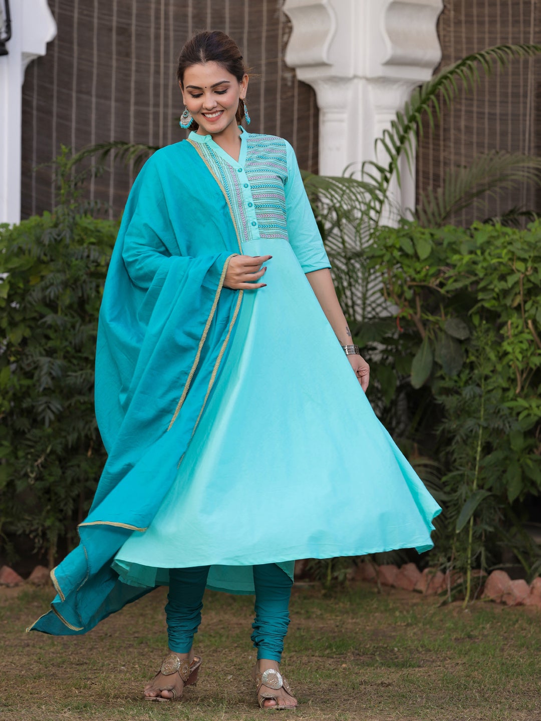 Aqua Solid Anarkali Kurta Cotton With Churidar salwar and Dupatta