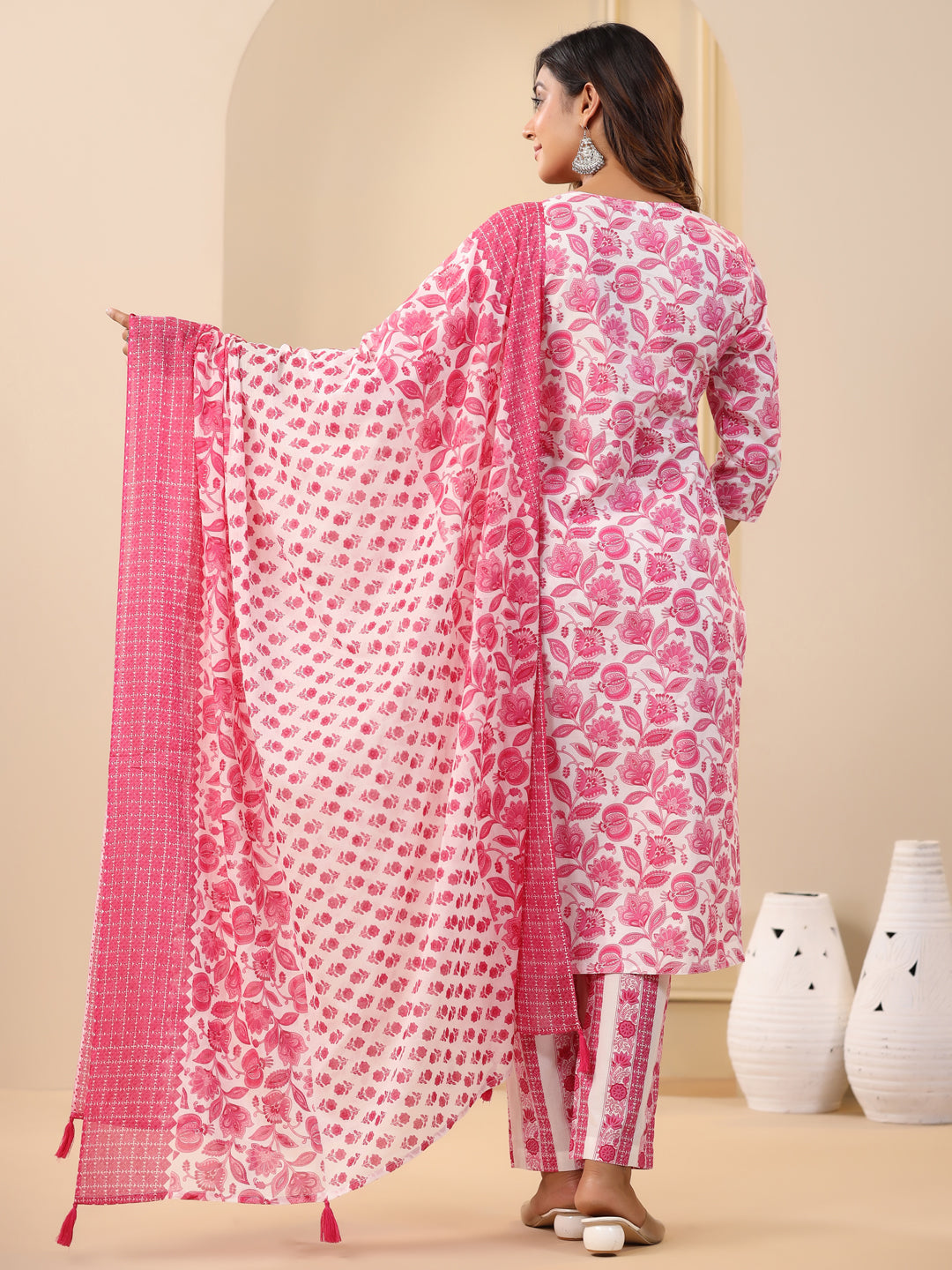 Fuchsia Ethnic Floral Printed Embroidered Kurta With Printed Pants And Printed Dupatta