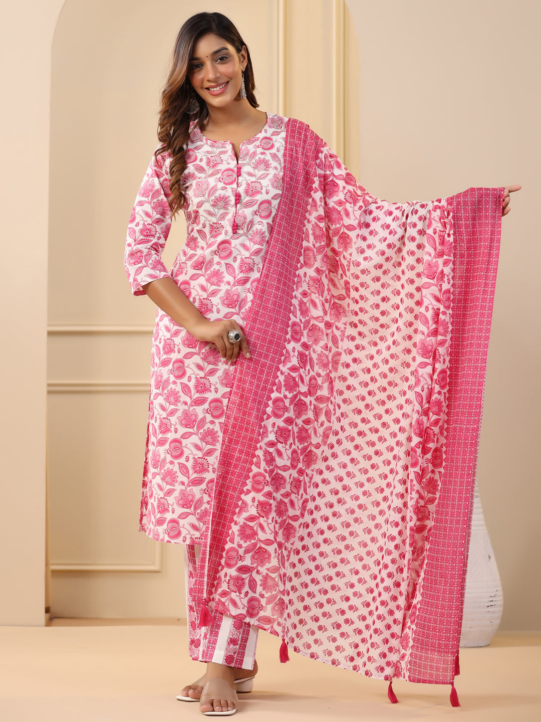 Fuchsia Ethnic Floral Printed Embroidered Kurta With Printed Pants And Printed Dupatta