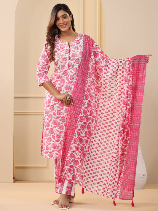 Fuchsia Ethnic Floral Printed Embroidered Kurta With Printed Pants And Printed Dupatta