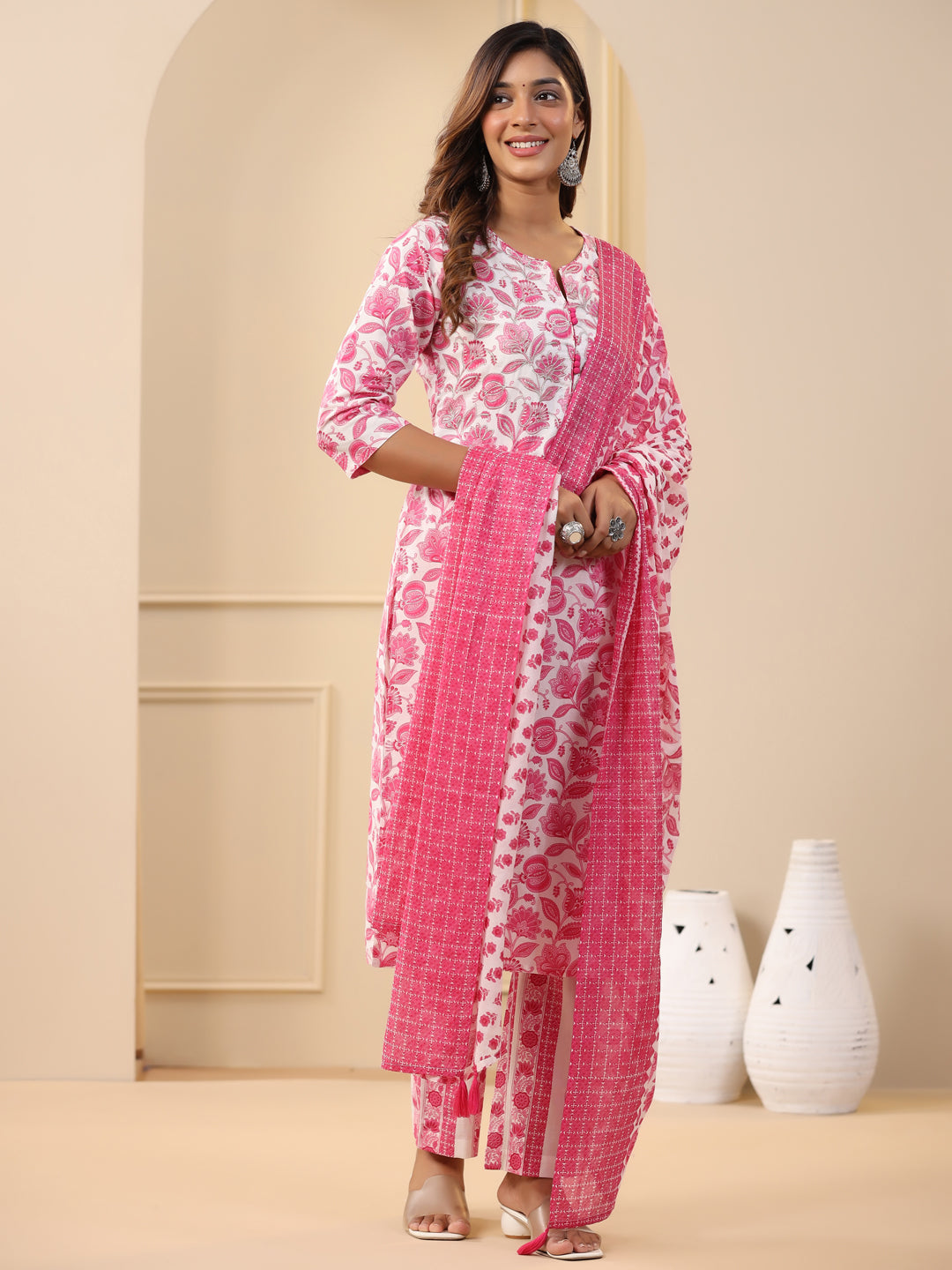 Fuchsia Ethnic Floral Printed Embroidered Kurta With Printed Pants And Printed Dupatta