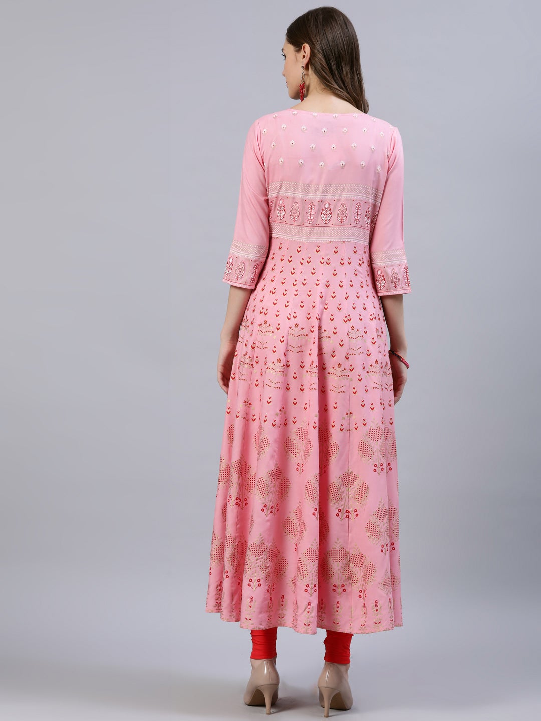 Pink Ethnic Print Sequin Embroidered Anarkali Kurta