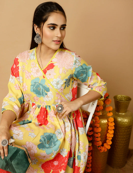 Yellow Floral Printed Gathered Angrakha Kurta