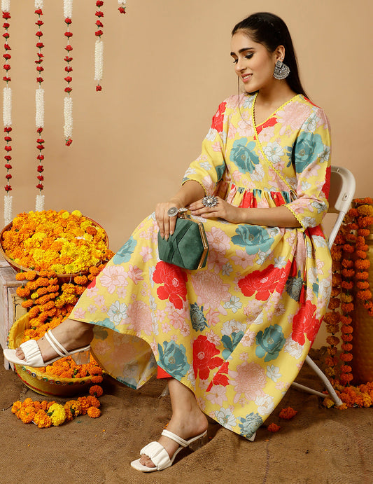 Yellow Floral Printed Gathered Angrakha Kurta