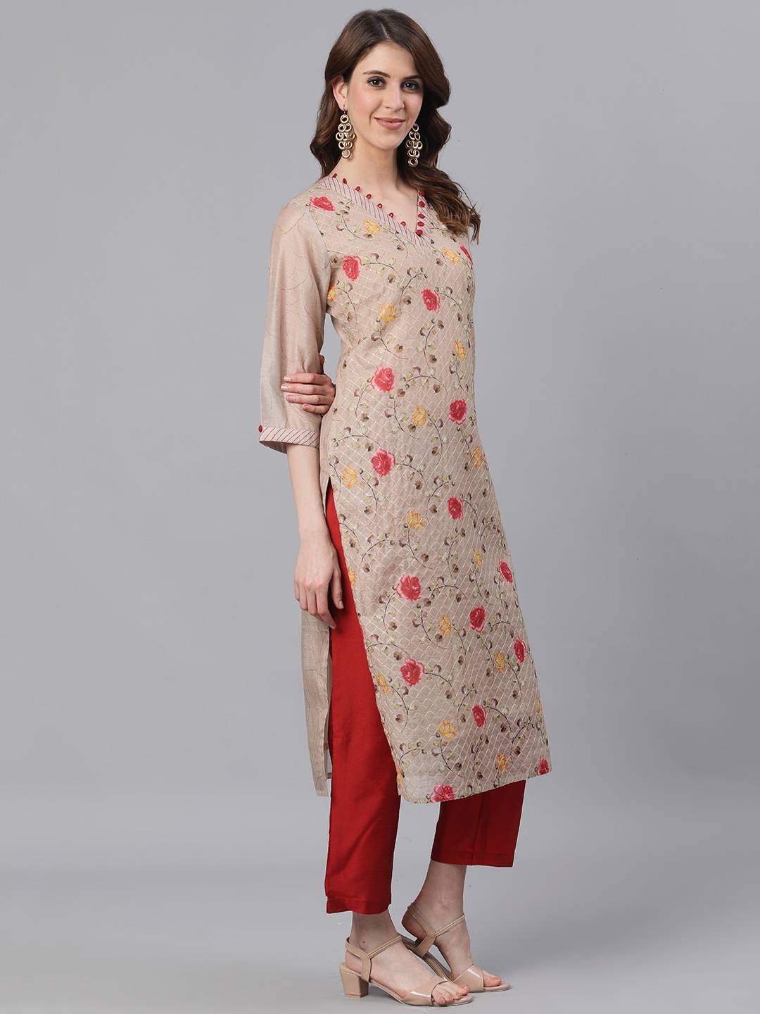 Beige Floral Print Chanderi Silk Kurta With Pants and Dupatta