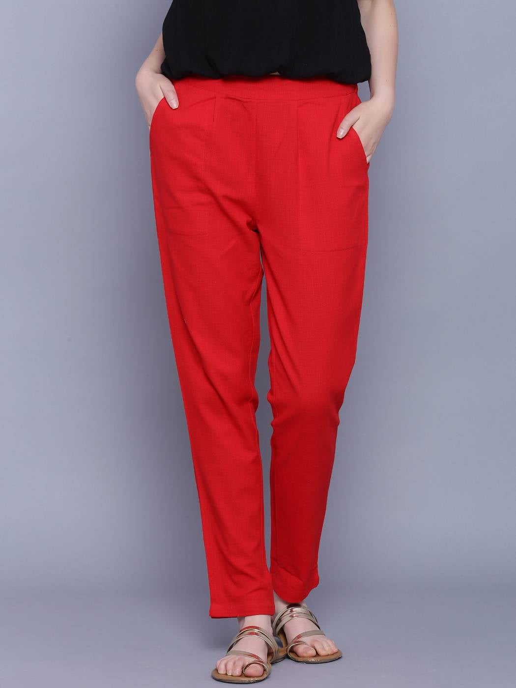 Red Cotton Slub Solid Pant