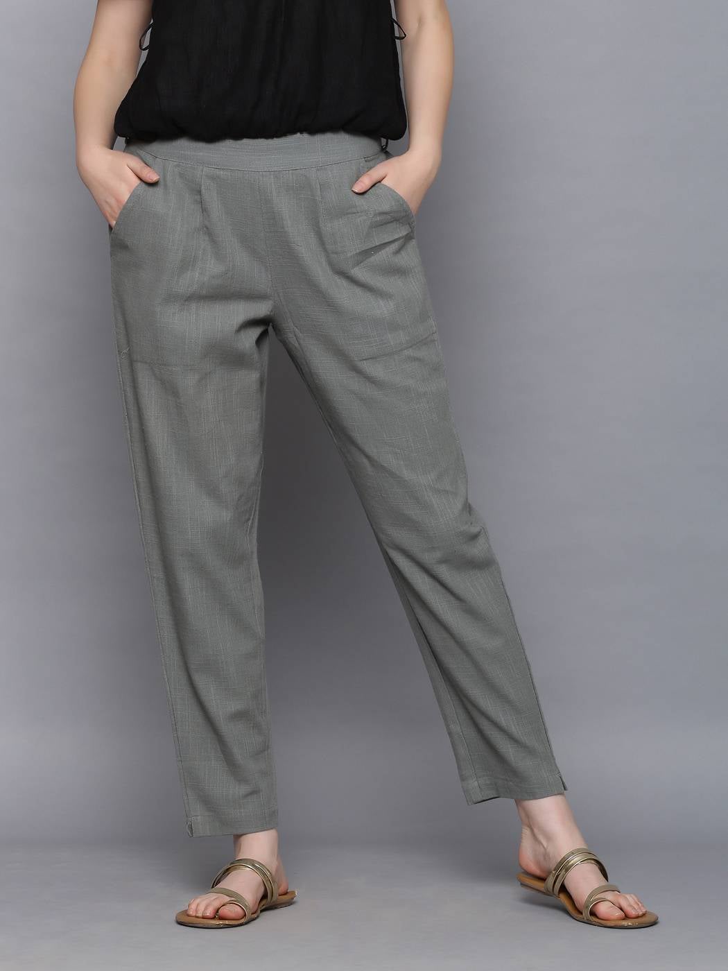 Grey Cotton Slub Solid Pant