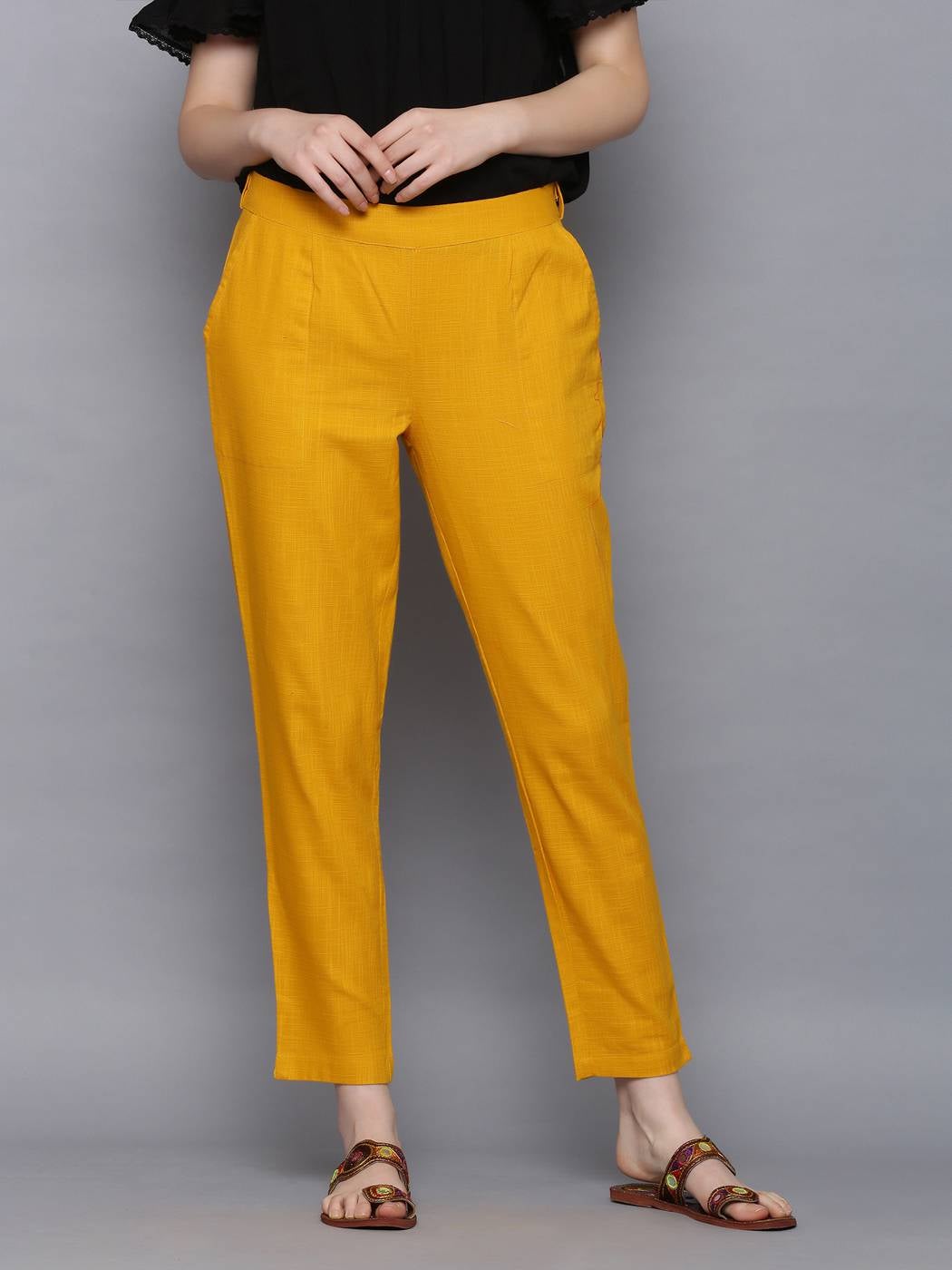 Yellow Cotton Slub Solid Pant