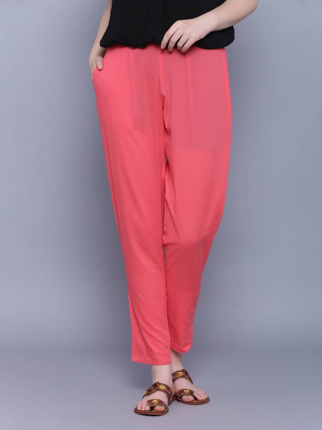 Pink Cotton Solid Pant