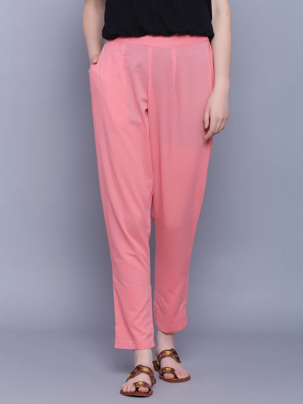 Light Pink Cotton Solid Pant