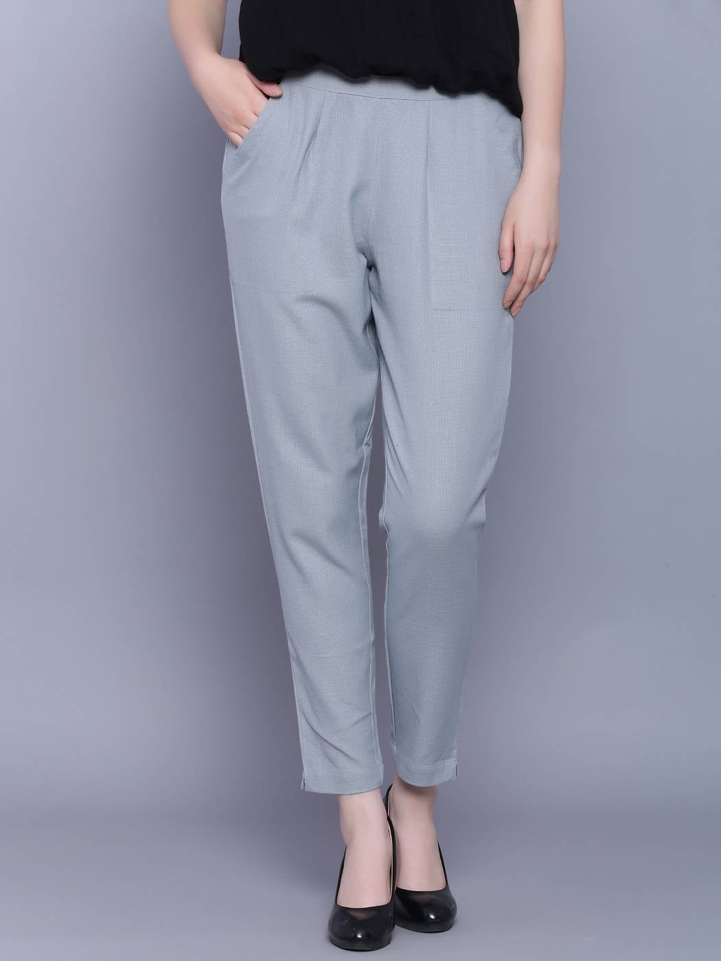 Grey Cotton Slub Solid Pant