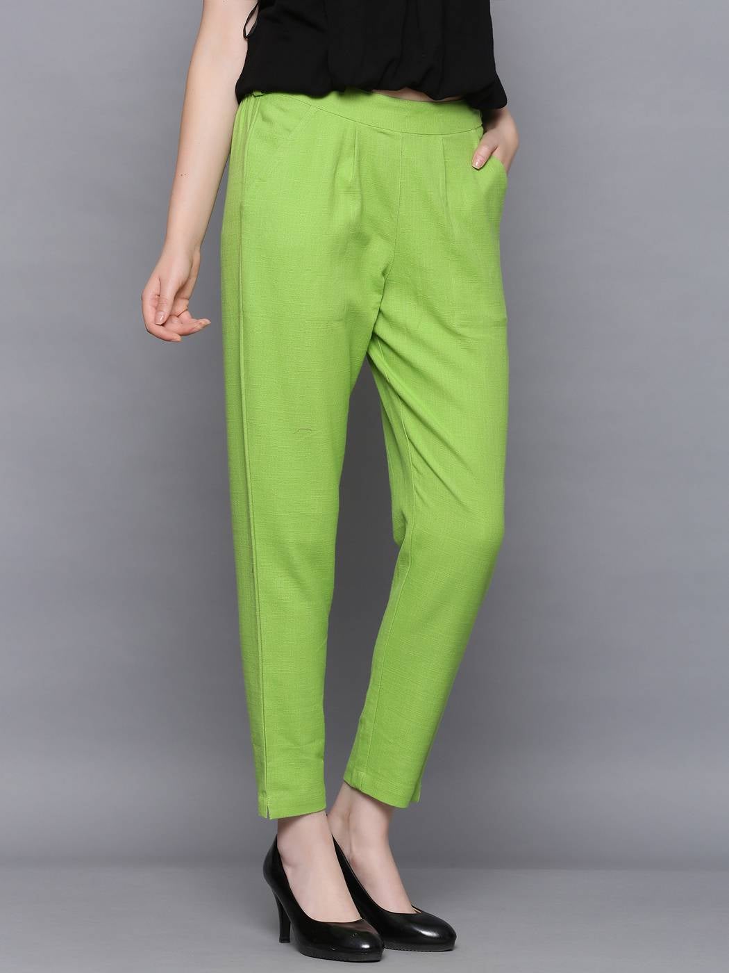Parrot Green Cotton Slub Solid Pant