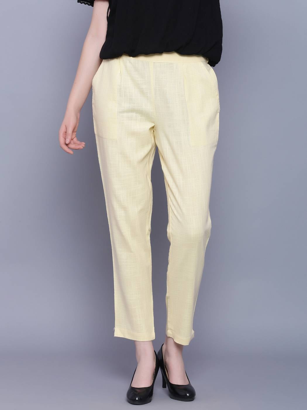 Light Yellow Cotton Slub Solid Pant