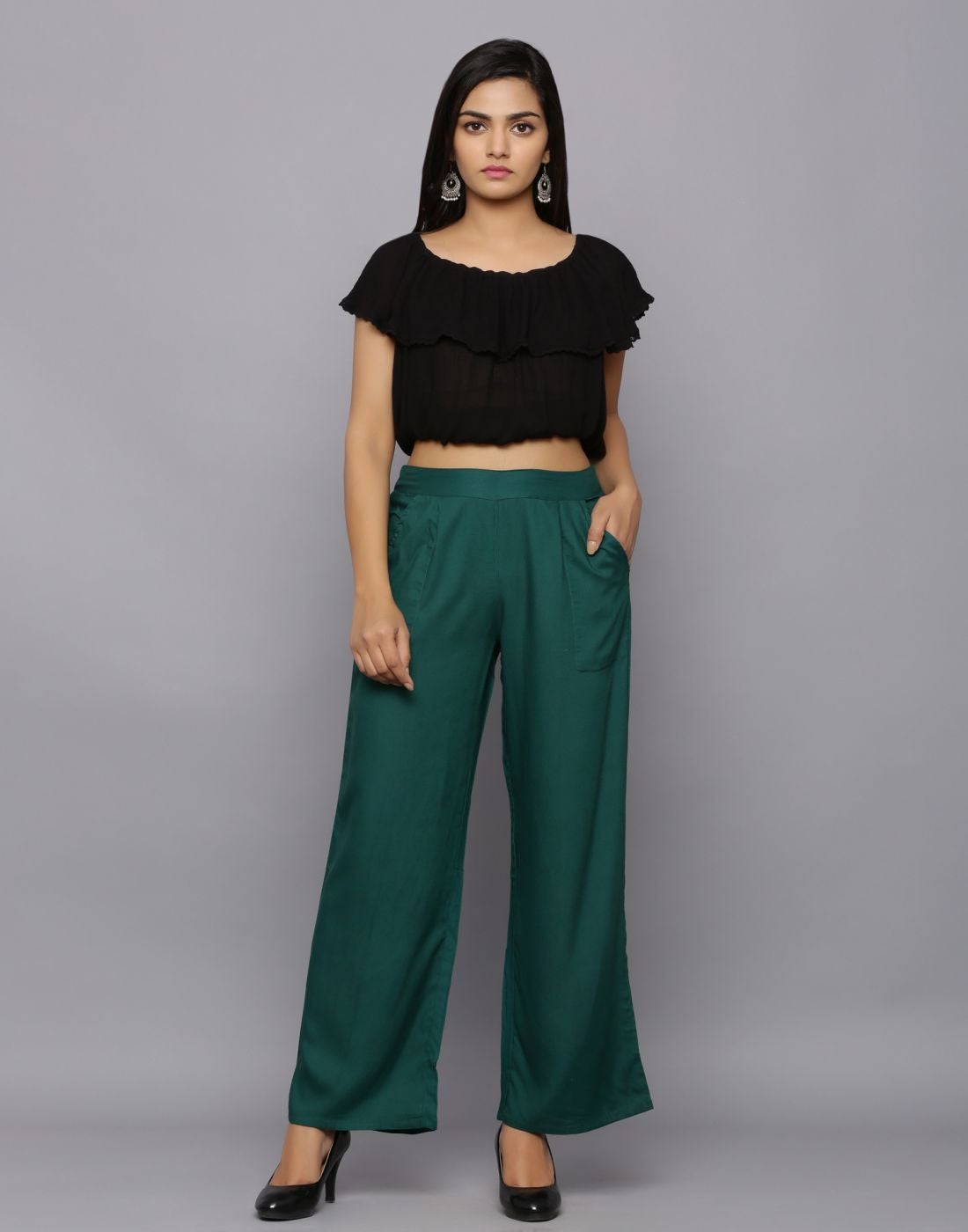 Solid Straight Palazzo With Side Pockets And Back Elastic