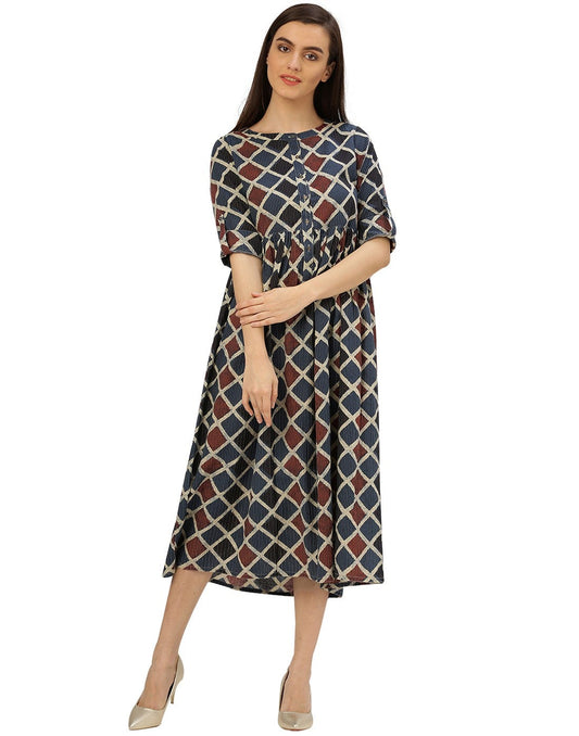 Women's Indigo Geometrical Print Cotton Kantha Dress