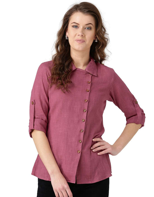 Pink Solid Front Placket Cotton Slub Shirt