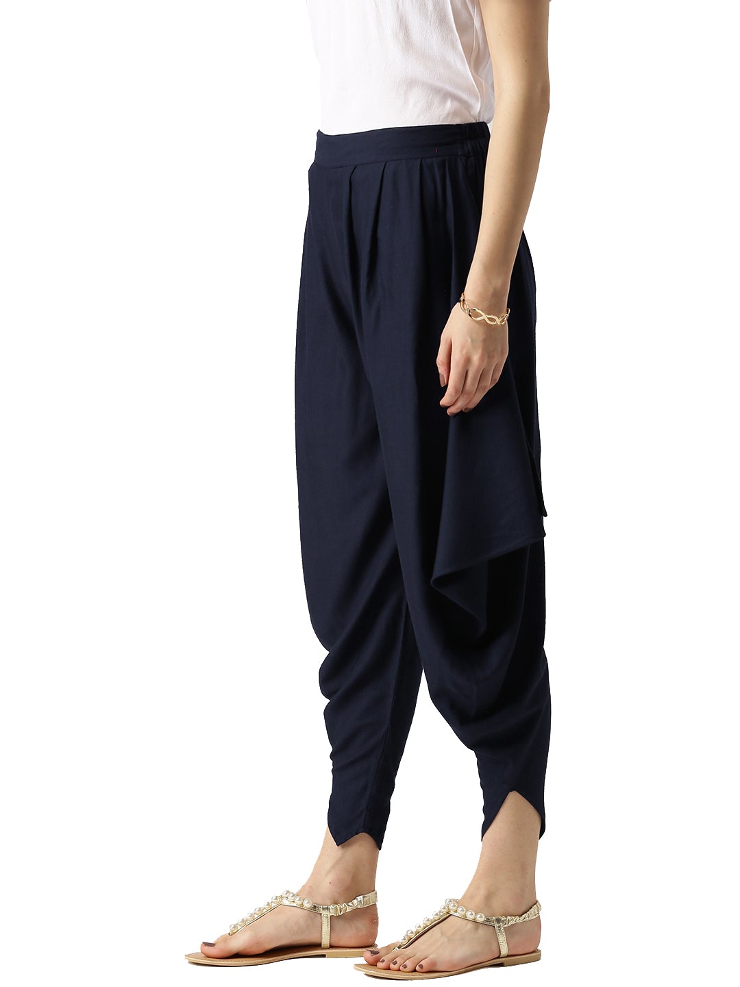 Navy Blue Solid Rayon Cowl Pants