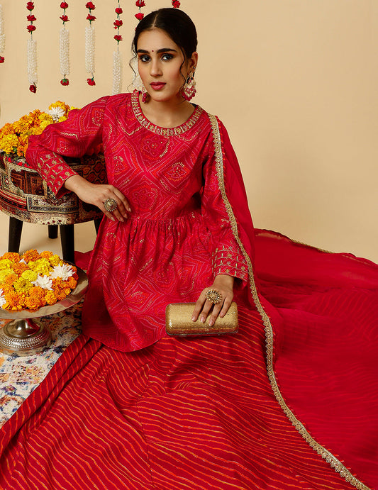 Embroidered Kurta With Leheriya Skirt And Dupatta