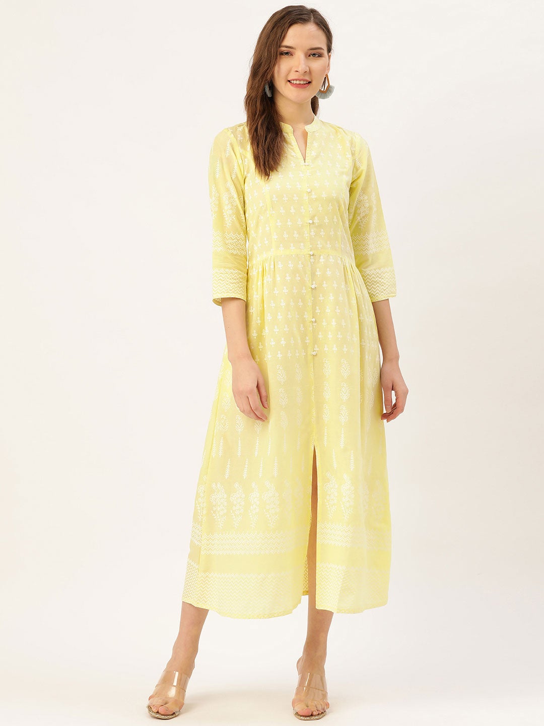 Yellow printed flared dress