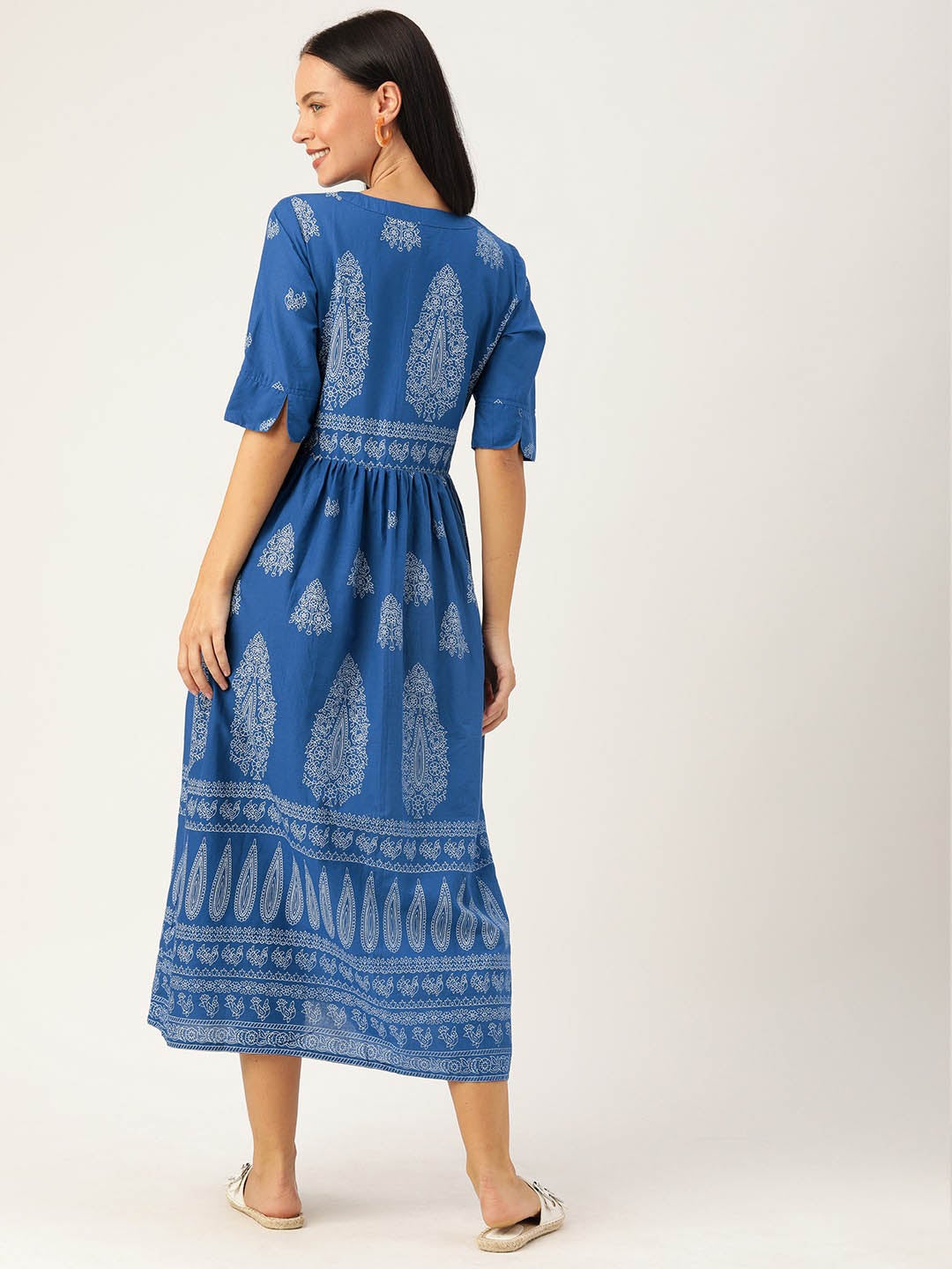 Blue Ethnic Motifs Flared Cotton Dresses