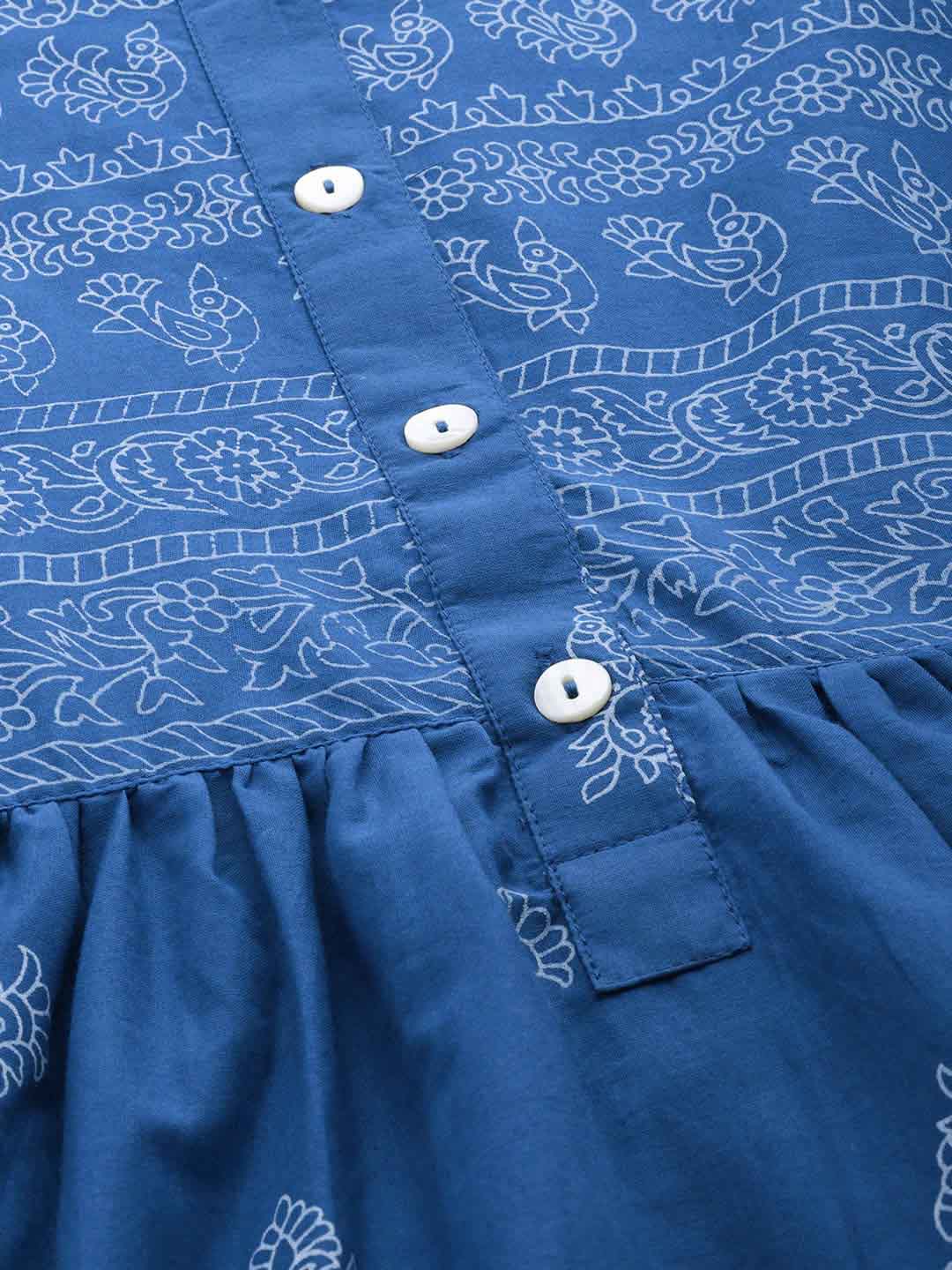 Blue Ethnic Motifs Flared Cotton Dresses