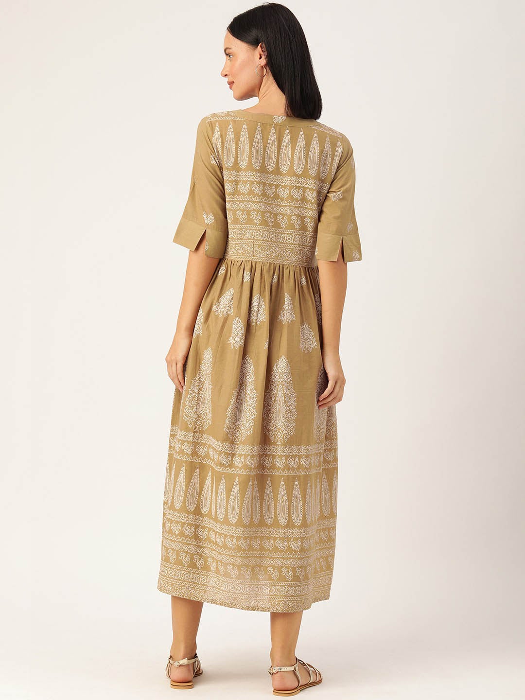 Brown Ethnic Motifs Flared Cotton Dresses