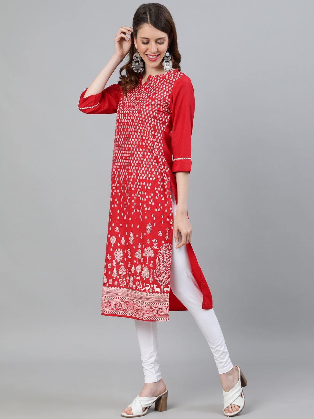 Red Ethnic Motifs Printed Straight Silk Blend Kurta