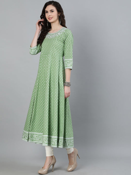 Green Printed Anarkali with Embroidered Yoke