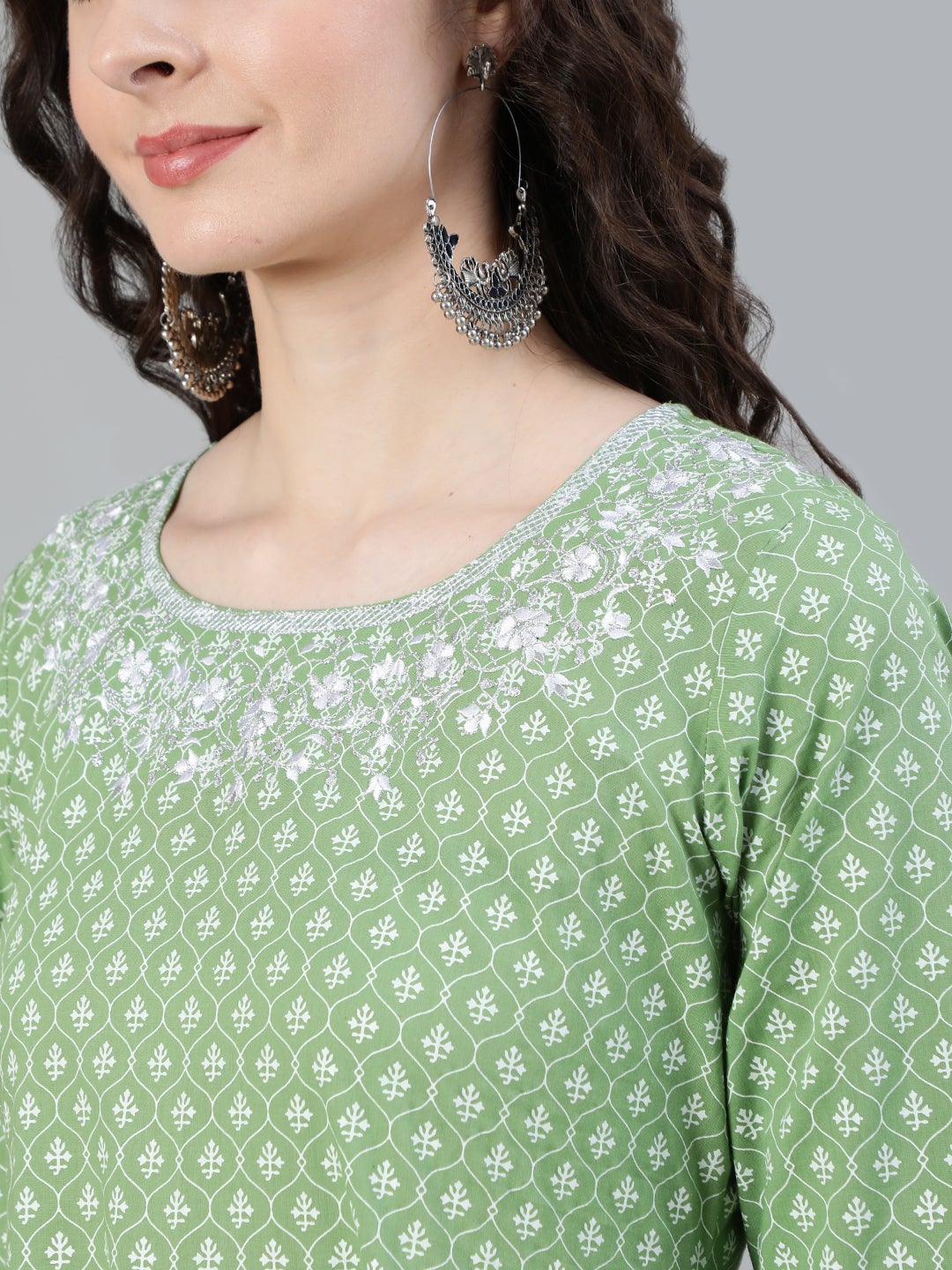 Green Printed Anarkali with Embroidered Yoke