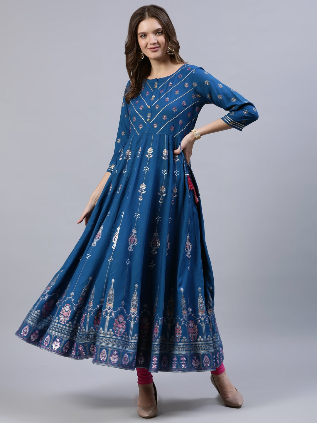 Blue Placement Print and Embroidered Anarkali Kurta