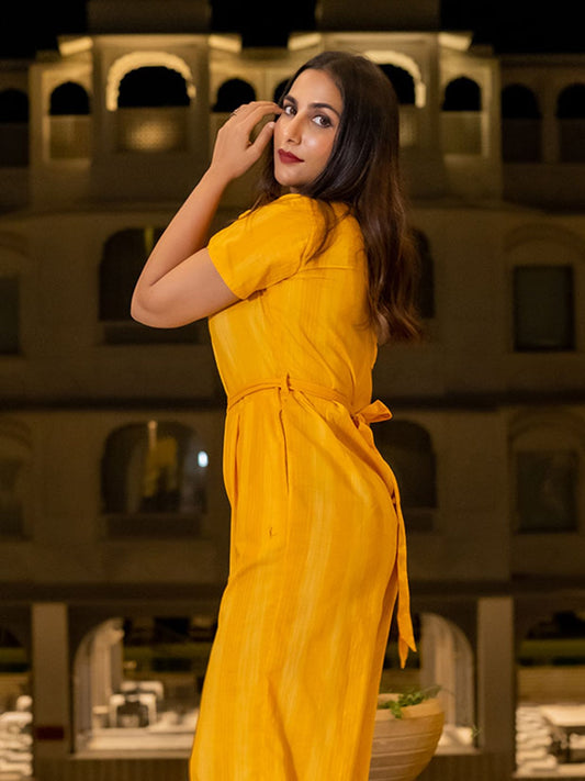 Yellow Solid Cotton Casual Jumpsuit with Two Side Pockets