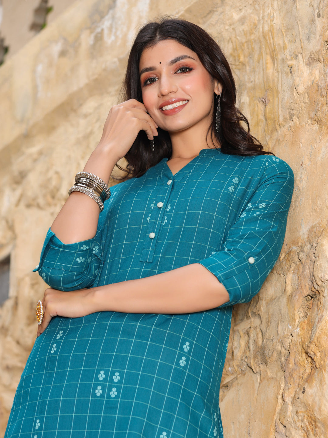 Teal Blue Checks Cotton Flared Kurta