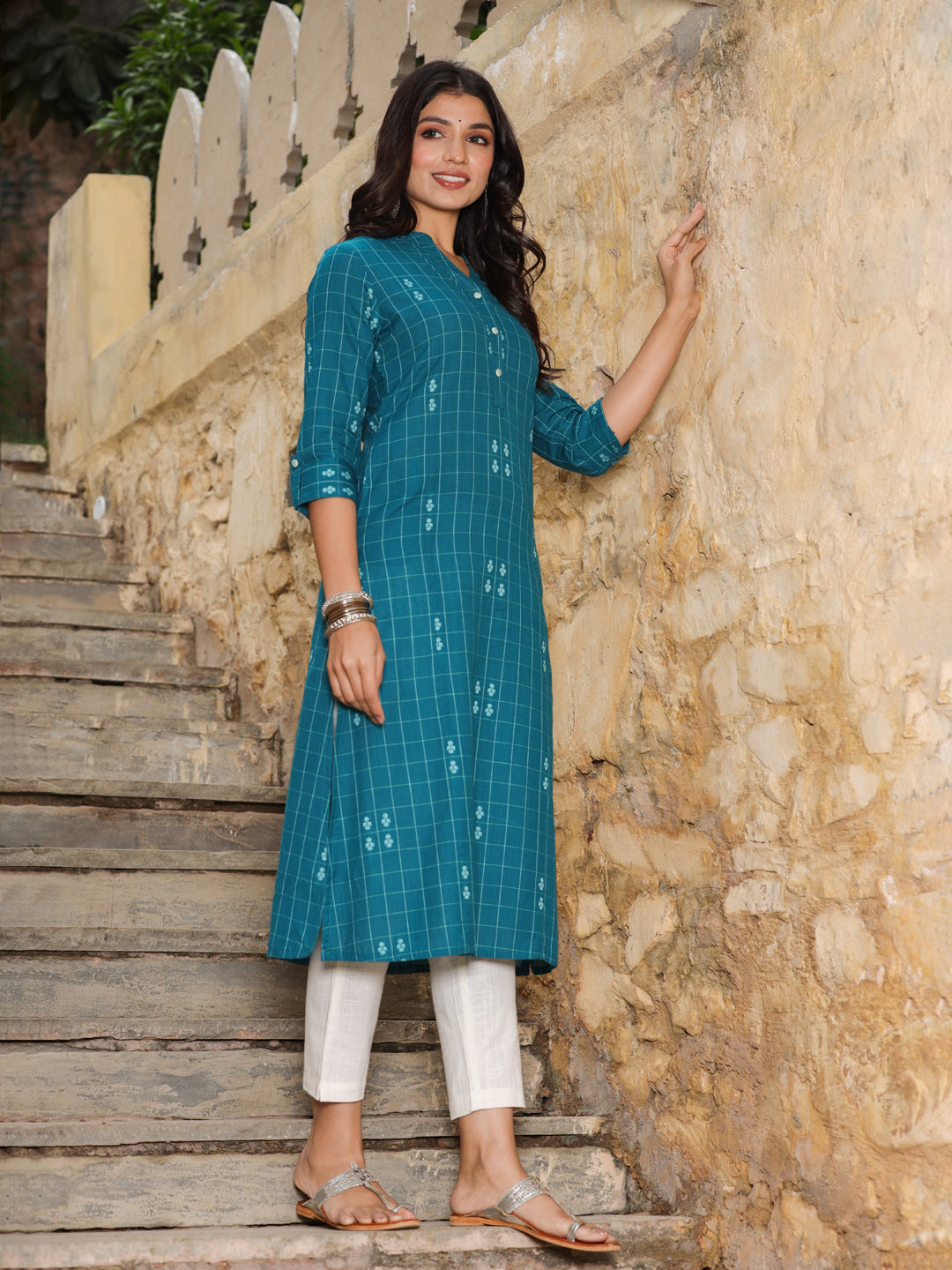 Teal Blue Checks Cotton Flared Kurta