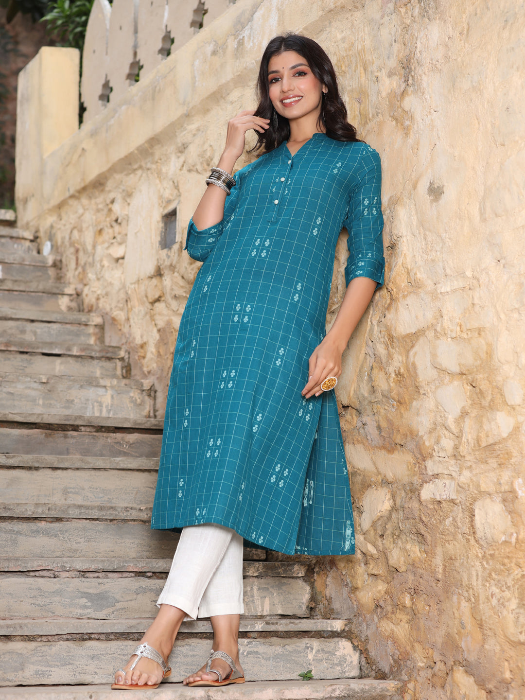 Teal Blue Checks Cotton Flared Kurta