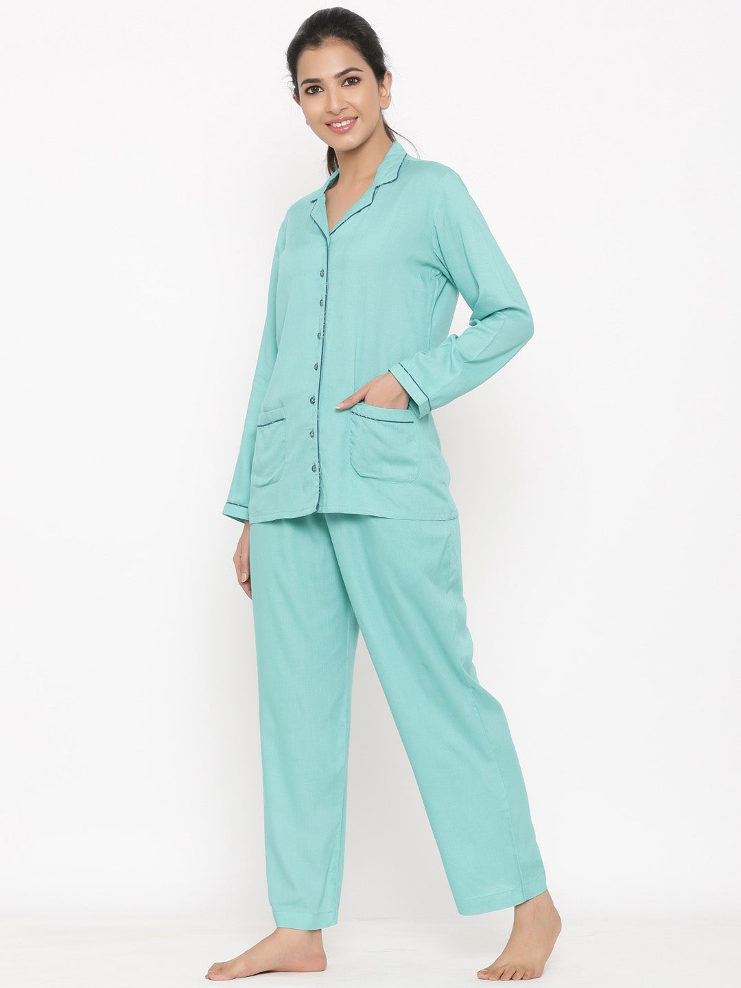 Sea Green Solid Night Suit