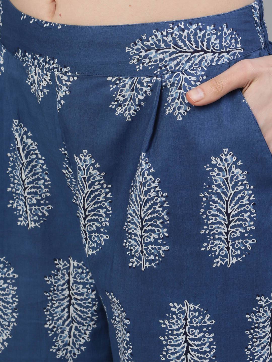 Blue & White Ethnic Printed Straight Cotton Sleepwear