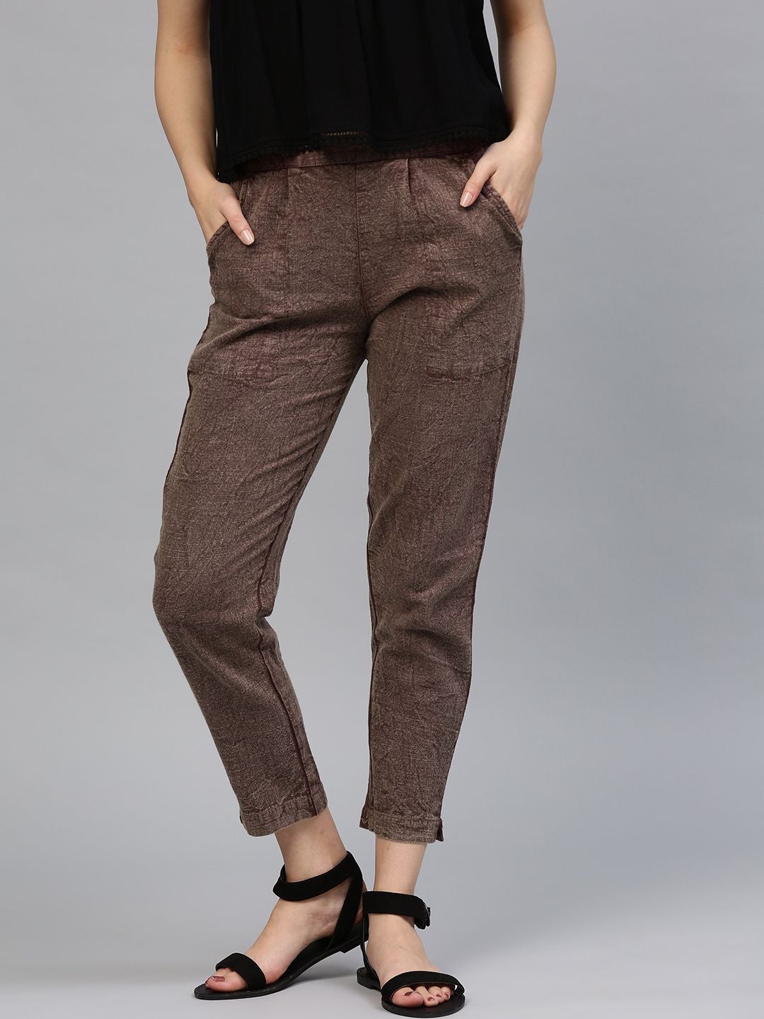 Women's Rose Brown Solid Cotton Slub Pants