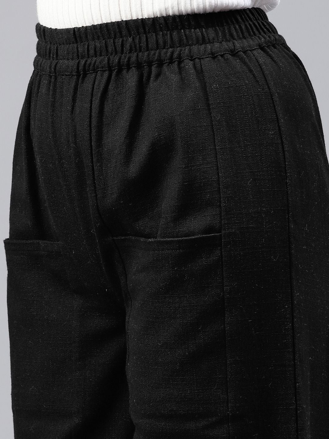 Black Solid Cotton Slub Trousers