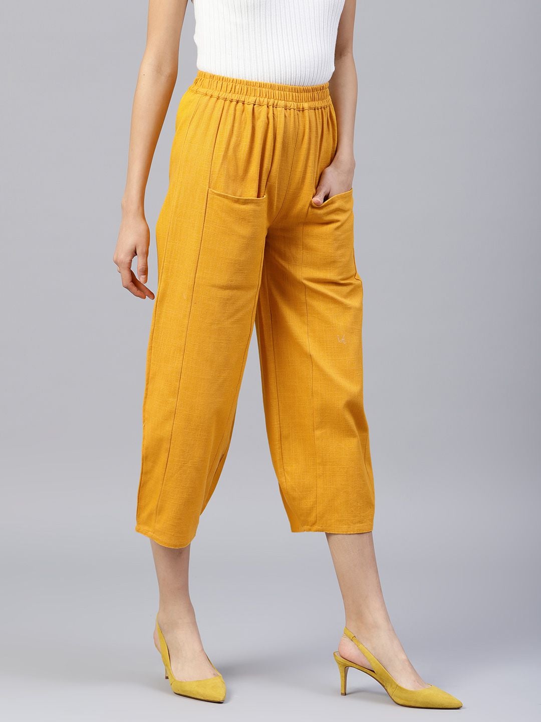 Yellow Solid Cotton Slub Trousers