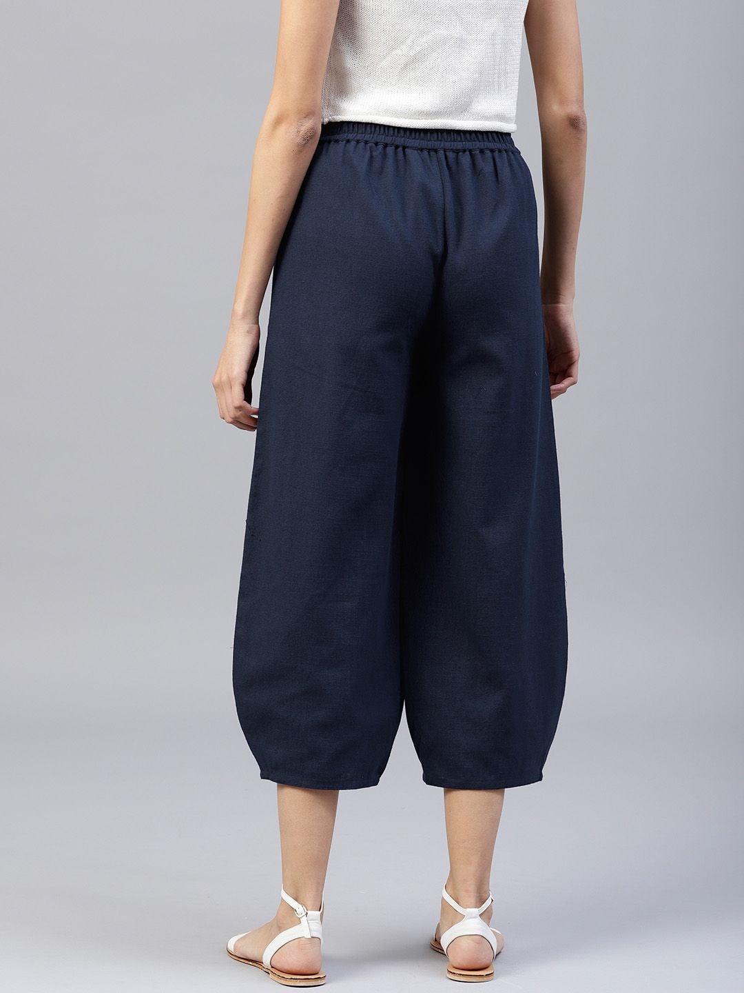 Navy Blue Solid Cotton Slub Trousers