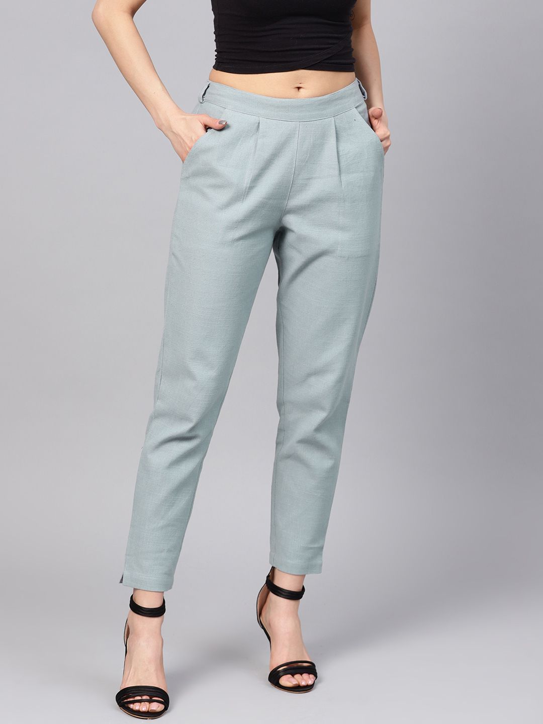 Shop Light Grey Solid Straight Cotton Slub Trouser for women