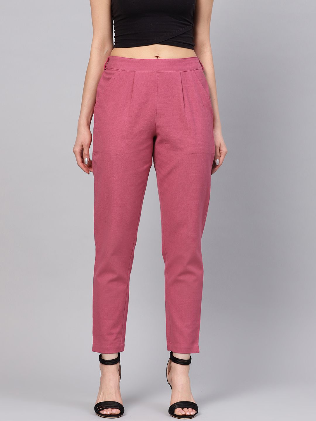 Shop Magenta Solid Straight Cotton Slub Trouser