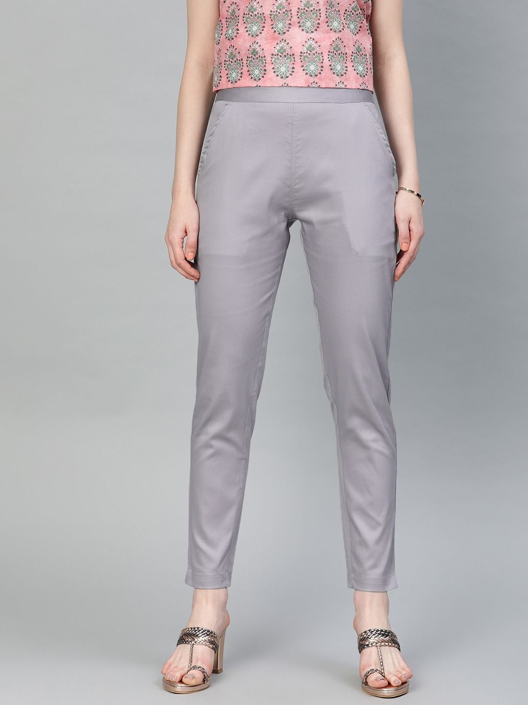 Grey Solid Cotton Lycra Pant
