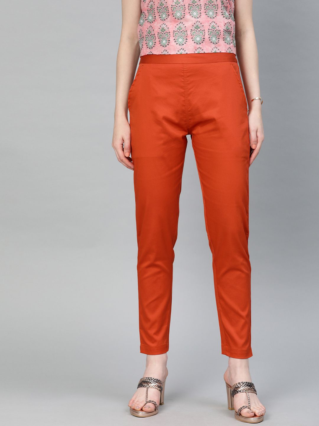 Shop Rust Orange Solid Cotton Lycra Pant