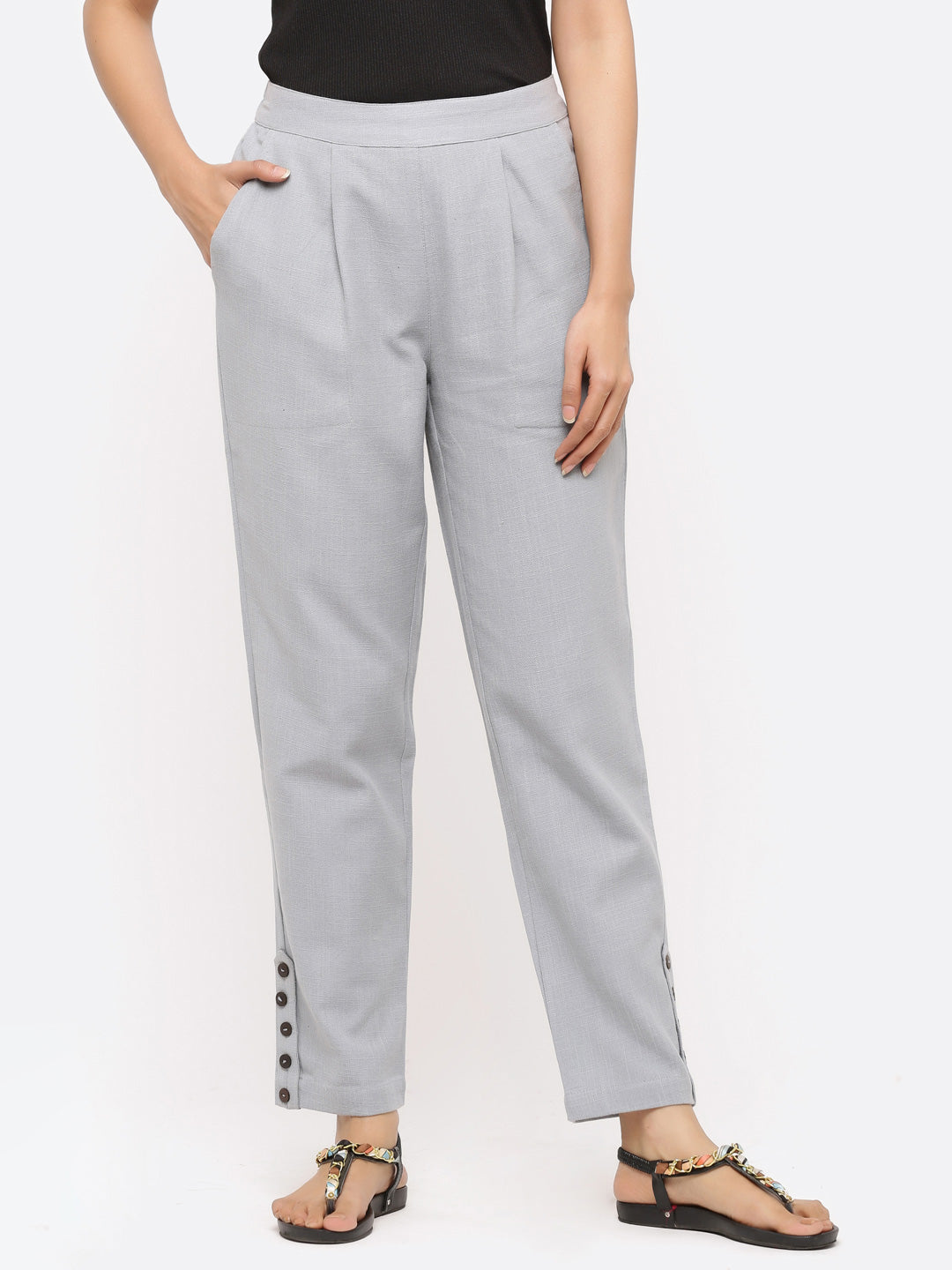 Shop Grey Solid Cotton Slub Pants