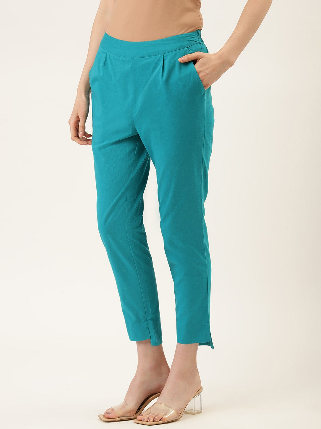 Turquoise Blue Ethnic Wear Cotton Pants